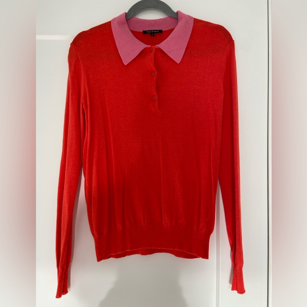Tara Jarmon Paris Red Polo Sweater Pink Collar French Designer Knit Top Size S